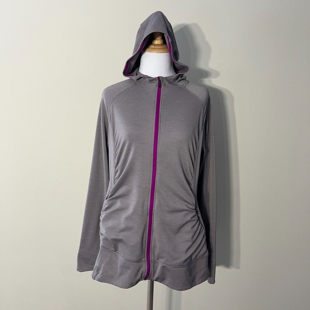Salomon Hoodie Jacket Women Large Gray Ruched Full Zip Hiking Running Athleisure